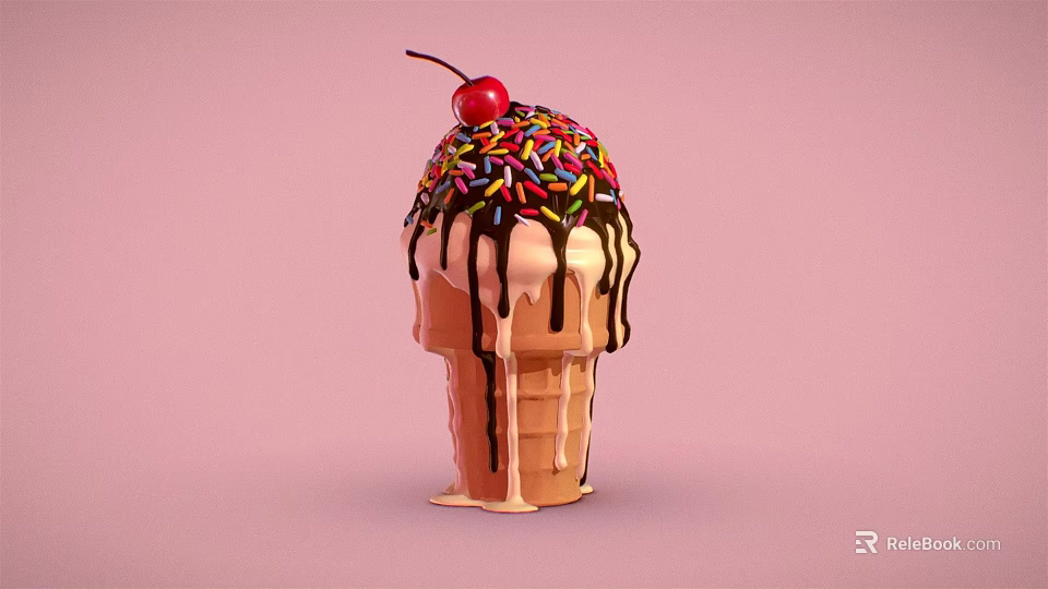 Ice Cream Cone With Dripping Chocolate Sauce Colorful Sprinkles Cherry Topping On Pink Background 3d model 