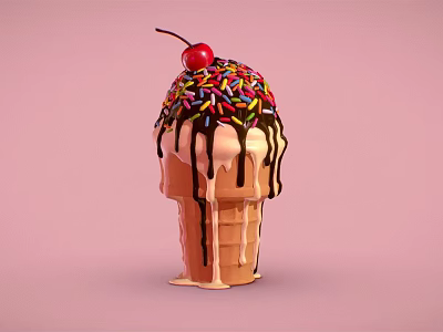Ice Cream Cone With Dripping Chocolate Sauce Colorful Sprinkles Cherry Topping On Pink Background 3d model