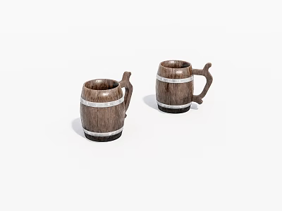 Two Wooden Barrel Shaped Mugs With Wood Grain And White Stripe Handles 3d model