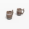 Two Wooden Barrel Shaped Mugs With Wood Grain And White Stripe Handles