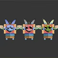 Cute Cartoon Character Figurines With Purple Pink Green Hairs And Geometric Patterned Boxes