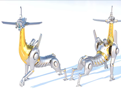 Futuristic Silver Gold Mechanical Creatures With Winged Robot Design And Detailed Structure 3d model