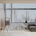 Modern Living Room Interior Design With Black Leather Sofa Checkered Rug And Wooden Furniture