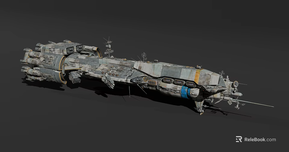 Weathered Sci Fi Battle Cruiser With Armored Hull And Engine Modules 3d model 