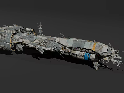 Weathered Sci Fi Battle Cruiser With Armored Hull And Engine Modules 3d model