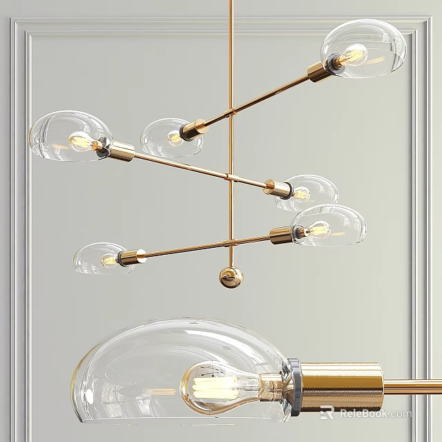 Modern Golden Metal Frame Chandelier with Transparent Glass Shades and LED Bulbs 3d model 