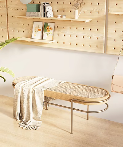 Minimalist Natural Sofa Bench With Woven Texture Light Blanket And Wooden Pegboard Green Plant 3d model