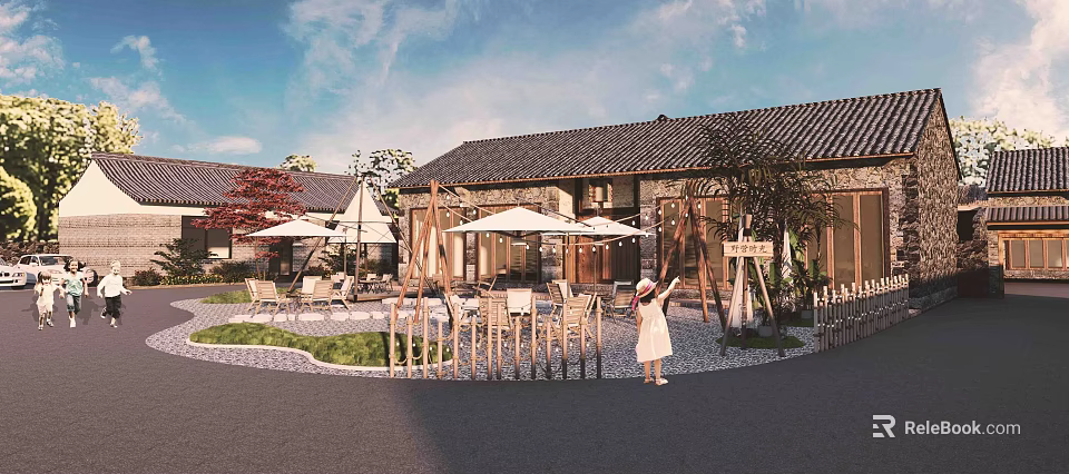Traditional Guesthouse Building With Tiled Roof Outdoor Seating Sun Umbrellas Green Plants And Gravel Path 3d model 