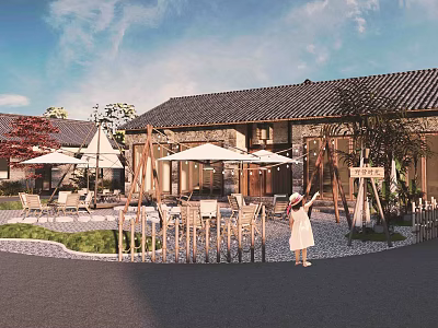 Traditional Guesthouse Building With Tiled Roof Outdoor Seating Sun Umbrellas Green Plants And Gravel Path 3d model