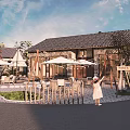 Traditional Guesthouse Building With Tiled Roof Outdoor Seating Sun Umbrellas Green Plants And Gravel Path