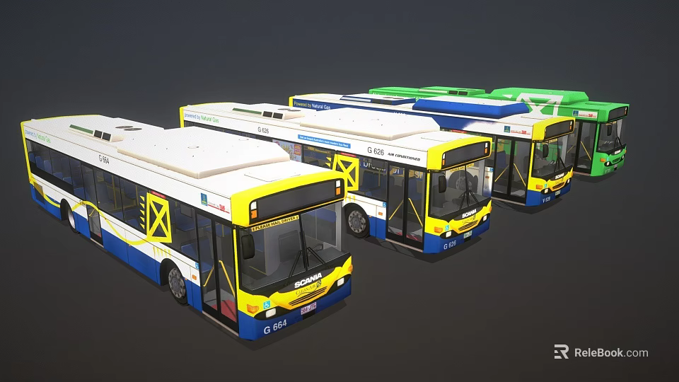Modern City Buses In Blue Yellow White Colors With Streamlined Fleet Design 3d model 