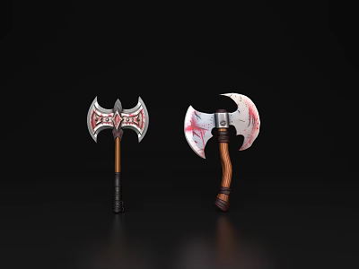 Decorative Battle Axes With Wooden Handles And Red Patterned Heads On Black Background 3d model