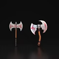 Decorative Battle Axes With Wooden Handles And Red Patterned Heads On Black Background