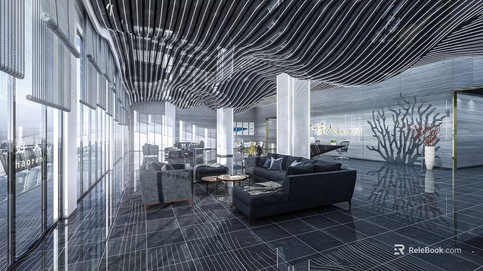 Modern Front Desk Reception Area With Stylish Ceiling Design And Seating 3d model 