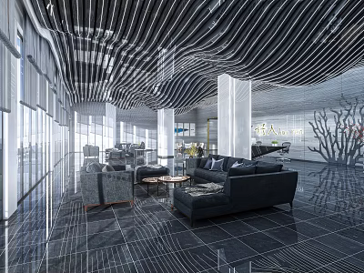 Modern Front Desk Reception Area With Stylish Ceiling Design And Seating 3d model