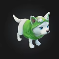Cute White Dog 3D Model Wearing Green Frog Costume With Blue Eyes And Adorable Design