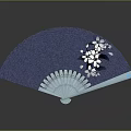 Open Dark Blue Fan With White Cherry Blossom Pattern And Reflection On Gray Background 3d model