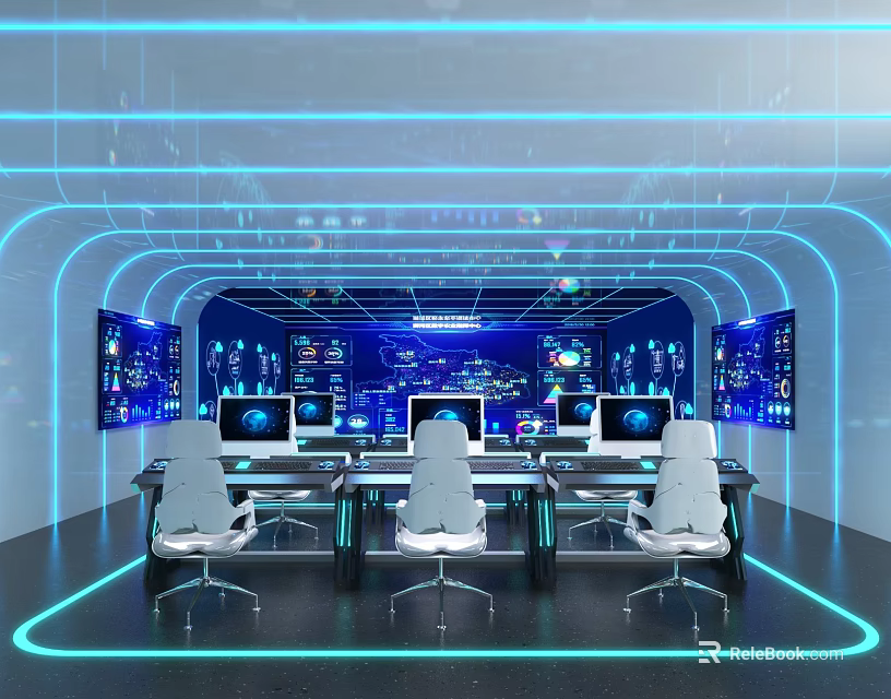 Advanced Control Room Featuring Multiple Monitor Screens Control Desks Digital Interfaces And Ergonomic Chairs 3d model 