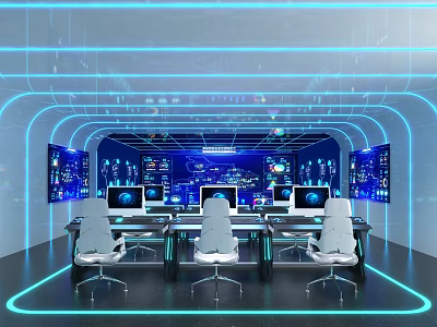 Advanced Control Room Featuring Multiple Monitor Screens Control Desks Digital Interfaces And Ergonomic Chairs 3d model