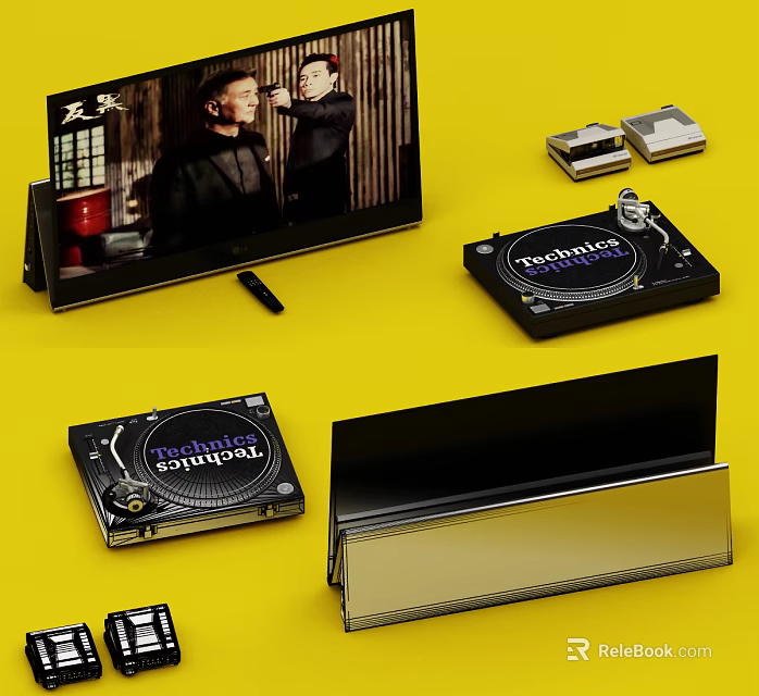 Vintage TV with Performing Figures on Screen and Audio Devices on Yellow Background 3d model 