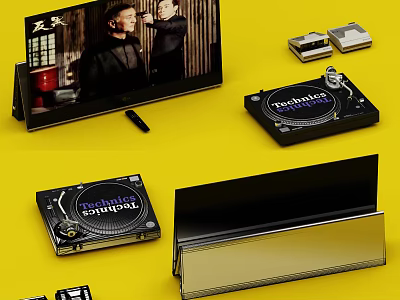 Vintage TV with Performing Figures on Screen and Audio Devices on Yellow Background 3d model