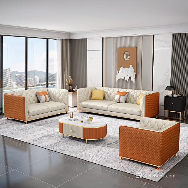 Modern Beige and Orange Sofa Set with Round Coffee Table Decorative Pillows and Large Windows 3d model