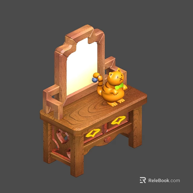 Wooden Vanity Table With Mirror And Orange Cat Doll On Drawer Top 3d model 