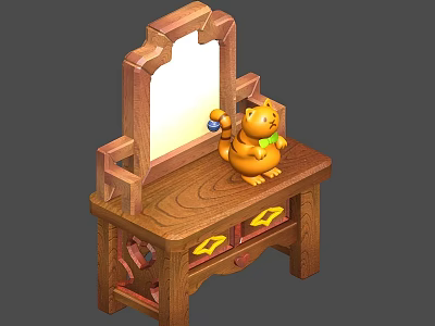 Wooden Vanity Table With Mirror And Orange Cat Doll On Drawer Top 3d model