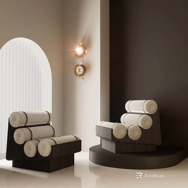 Modern Single Sofa with White Rolled Cushions in Dark Wall Interior and Arched Window 3d model