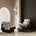 Modern Single Sofa with White Rolled Cushions in Dark Wall Interior and Arched Window 3d model