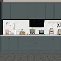 Modern Gray Kitchen Interior With White Refrigerator Cabinets Countertop And Patterned Floor 3d model