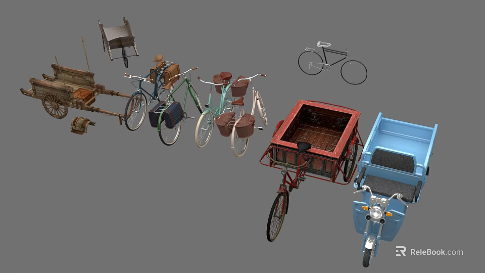 Vintage and Modern Bicycles Tricycles and Carts Assorted Transportation 3d model 
