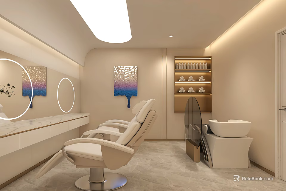 Modern Beauty Salon Interior Design With White Styling Chairs Round Mirrors And Beauty Products 3d model 