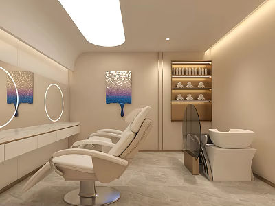 Modern Beauty Salon Interior Design With White Styling Chairs Round Mirrors And Beauty Products 3d model