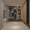 Elegant Modern Entryway Interior Design With Marble Accent Wall Wooden Storage Cabinets And Recessed Lighting