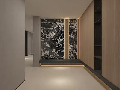 Elegant Modern Entryway Interior Design With Marble Accent Wall Wooden Storage Cabinets And Recessed Lighting 3d model
