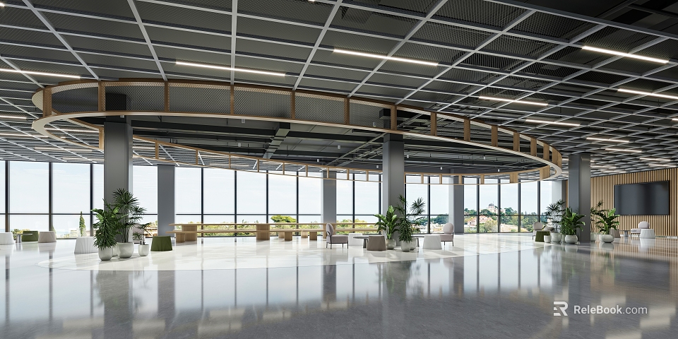 Contemporary Lounge Area Featuring Large Windows Comfortable Seating Green Plants And Ceiling Lights 3d model 