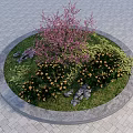 Circular Garden Landscape With Pink Flowering Tree Green Lawn And Yellow Flowers