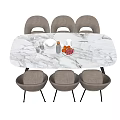 Modern Marble Oval Dining Table Set With Six Gray Chairs Tableware And Fruit Plate 3d model