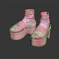 Pink Platform Shoes with Cartoon Patterns Ankle High Sock Style Colorful Dots Accents