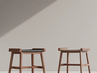 Modern Minimalist Wooden Stools With Cushioned Seats And Natural Wood Finish 3d model