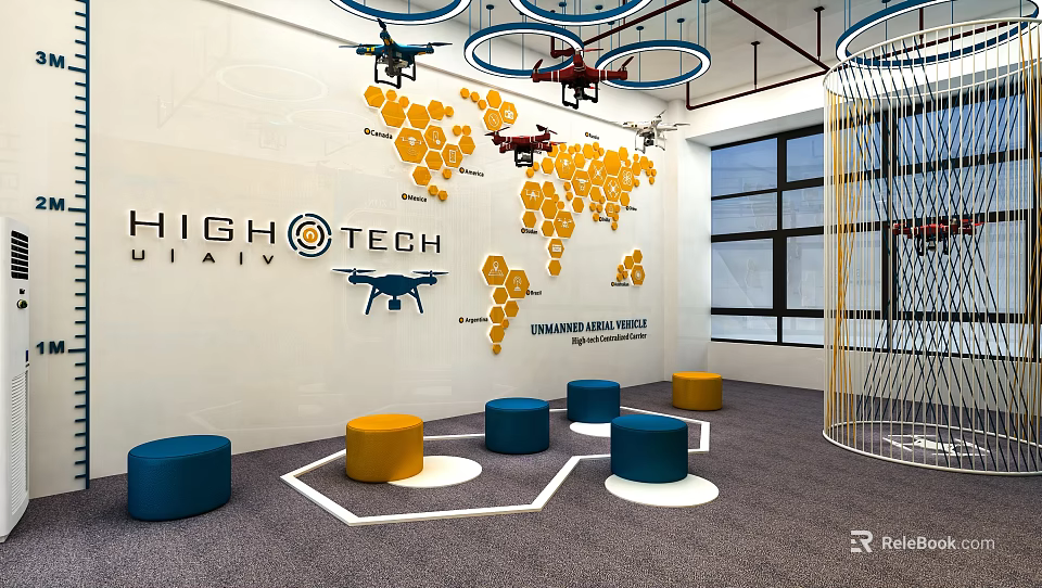 HighTech Digital Store Interior with World Map Drones and Colorful Stools 3d model 