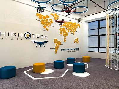 HighTech Digital Store Interior with World Map Drones and Colorful Stools 3d model