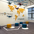 HighTech Digital Store Interior with World Map Drones and Colorful Stools 3d model