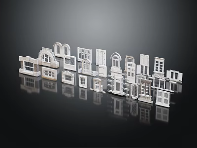 Various White Door And Window Models Arranged With Reflections On Black Background 3d model