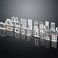 Various White Door And Window Models Arranged With Reflections On Black Background 3d model