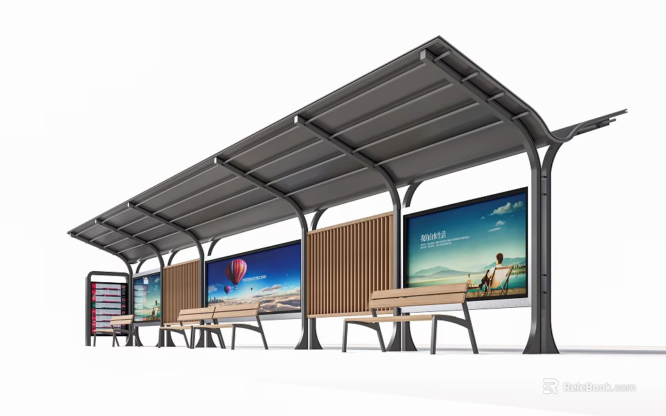 Modern Bus Station Exterior With Canopy Benches Wooden Panels And Scenic Billboards 3d model 