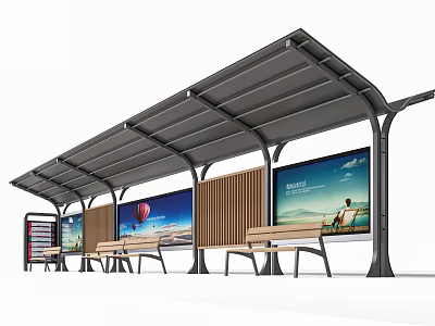 Modern Bus Station Exterior With Canopy Benches Wooden Panels And Scenic Billboards 3d model