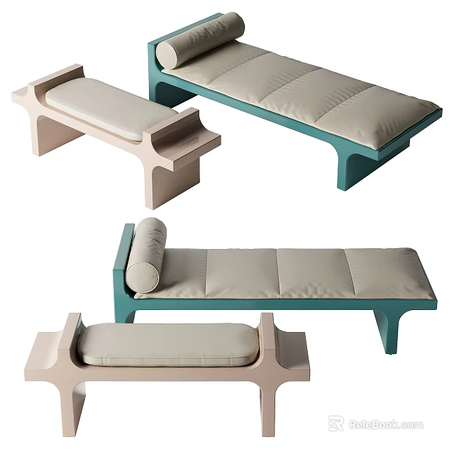 Modern Footstool Design With Beige Upholstered Seats And Teal Wooden Frames 3d model 