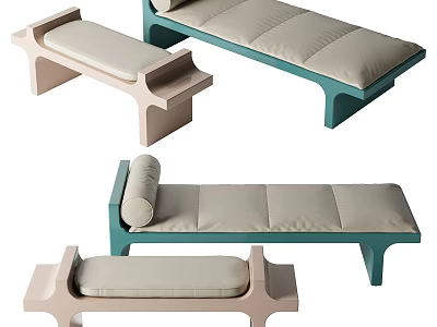 Modern Footstool Design With Beige Upholstered Seats And Teal Wooden Frames 3d model
